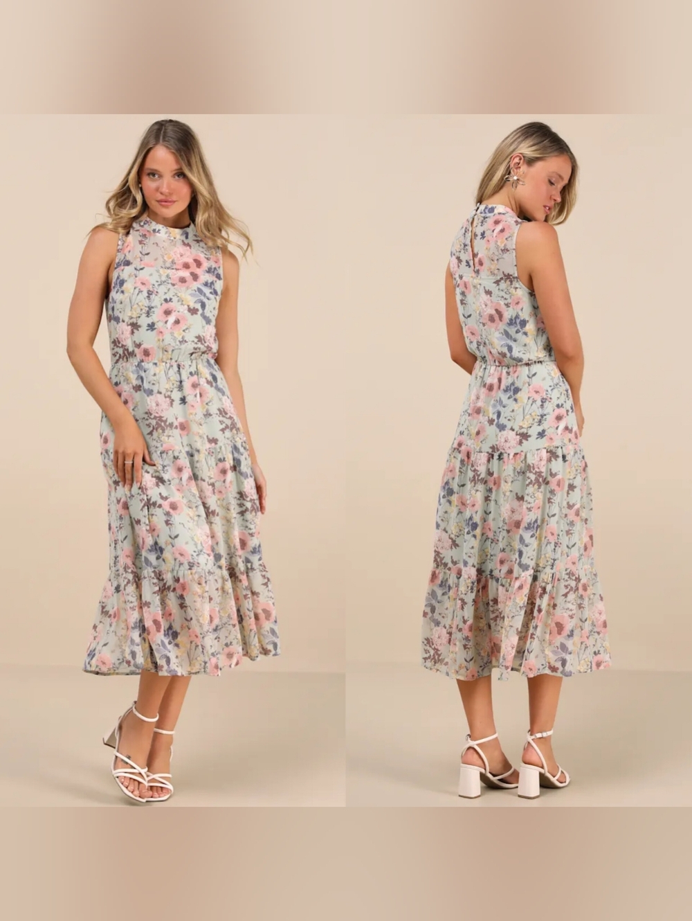 Lulu's Floral Midi Dress in Pastel Pink, Blue, and Cream